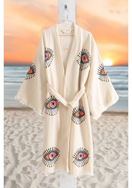 Organik %100 Pamuk Kimono Yaka Sabalık Bornoz Plaj Elbisesi - Göz - L/xl