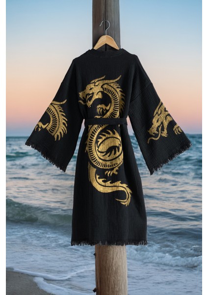 Organik %100 Pamuk Kimono Yaka Sabalık Bornoz Plaj Elbisesi - Viserion - Sarı - S/m