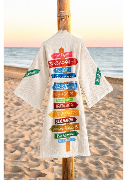 Organik %100 Pamuk Kimono Yaka Sabalık Bornoz Plaj Elbisesi - Nomada - L/xl