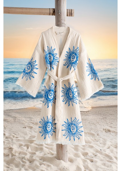 Organik %100 Pamuk Kimono Yaka Sabalık Bornoz Plaj Elbisesi - Heliona V2 - L/xl