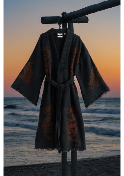 Organik %100 Pamuk Kimono Yaka Sabalık Bornoz Plaj Elbisesi - Viserion - Kırmızı - L/xl