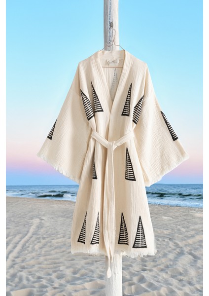 Organik %100 Pamuk Kimono Yaka Sabalık Bornoz Plaj Elbisesi - Piramit - L/xl