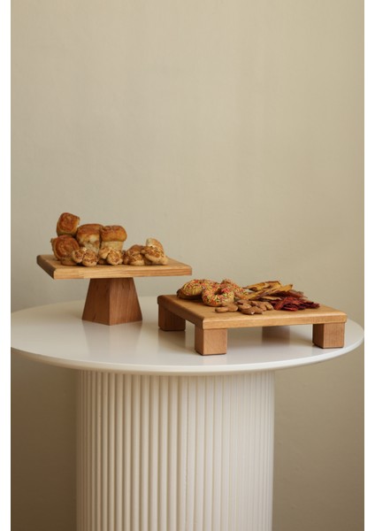 2 Li Tityos Küp Ayaklı 25X25 cm ve Piramit 25X25 cm Ahşap Kare Pasta Sunum Servis Tabağı Seti