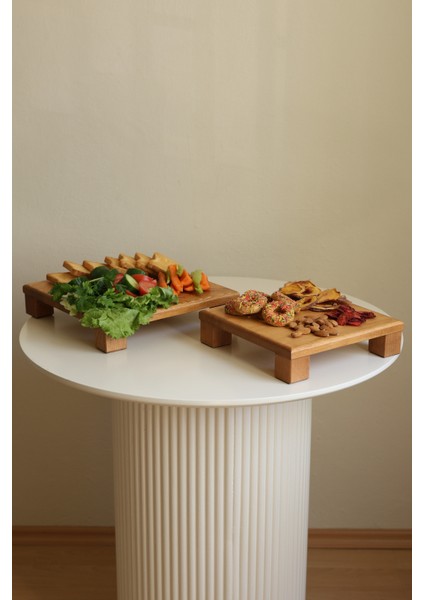 2 Li Tityos Küp Ayaklı 25X25 cm ve 30X30 cm Ahşap Kare Pasta Sunum Servis Tabağı