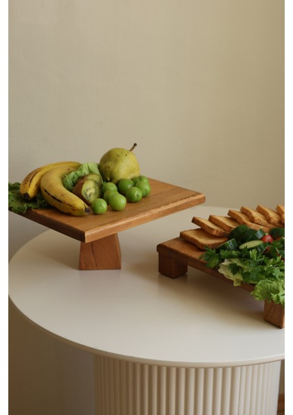 2 Li Tityos Küp Ayaklı 30X30 cm ve Piramit 29X29 cm Ahşap Kare Pasta Sunum Servis Tabağı Seti