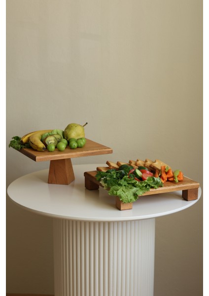 2 Li Tityos Küp Ayaklı 30X30 cm ve Piramit 29X29 cm Ahşap Kare Pasta Sunum Servis Tabağı Seti fiyatları