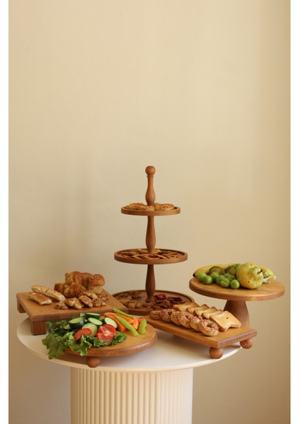 5li 3 Katlı Kek Standı, 29 cm Pastalık, 29 cm Risus, 17 x 30 Rısus,30 x 30 Tityos Ahşap Çeyiz Seti