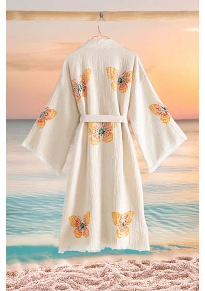Organik %100 Pamuk Kimono Yaka Sabalık Bornoz Plaj Elbisesi - Kelebek - L/xl