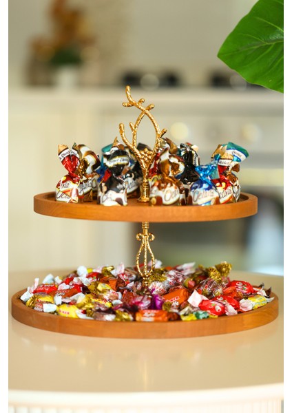 2 Katlı 25/30 Cm Gold Filiz Ahşap Kek Sunum Standı, Servis Sunum Tabağı, Ikramlık