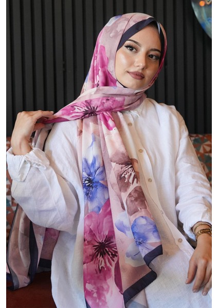 Manolya Çiçek Desen Lacivert Soft Pamuk Şal