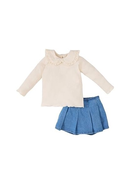 Kız Bebek 3'lü Takım Bebe Yaka Uzun Kollu Tişört Beli Lastikli Jean Şort Etek Külotlu Çorap