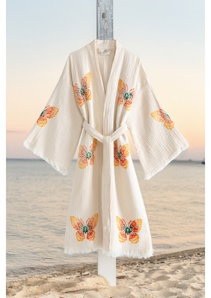 Organik %100 Pamuk Kimono Yaka Sabalık Bornoz Plaj Elbisesi - Kelebek - S/m fiyatları