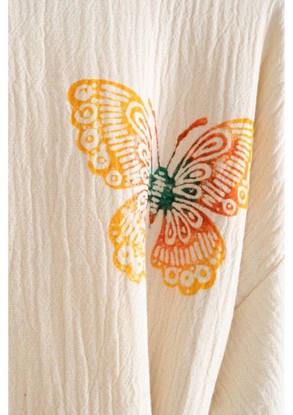 Organik %100 Pamuk Kimono Yaka Sabalık Bornoz Plaj Elbisesi - Kelebek - S/m modelleri