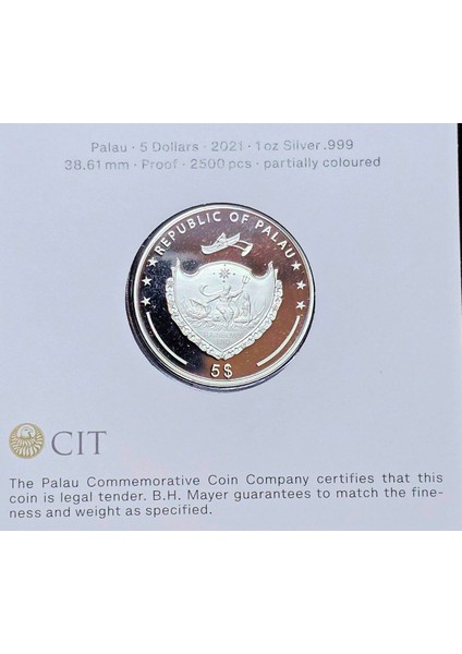 Palau 5 Dollars 2021 Proof 1 Oz. Silver 999 38.61 Mm. Sertifikalı Gümüş Göz "eye" Mineli modelleri
