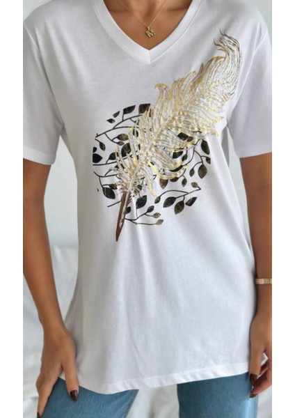 Kadın V-Yaka 100% Pamuk Pul Payet Işlemeli Büyük Beden T-Shirt