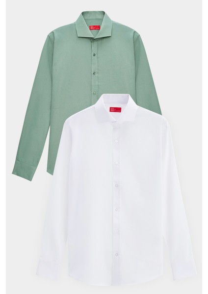 Ds Damat Slim Fit Yeşil/beyaz Italyan Yaka Kolay Ütülenebilir 2'li Gömlek 2HF02ORTBN86 indirimleri