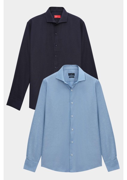 Ds Damat Slim Fit Koyu Mavi Italyan Yaka Kolay Ütülenebilir 2'li Gömlek 2HF02ORTBN86 indirimleri