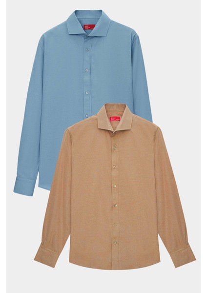 Ds Damat Slim Fit Petrol Italyan Yaka Kolay Ütülenebilir 2'li Gömlek 2HF02ORTBN86