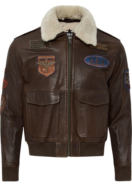 Top Gun Kadın Kahverengi Armalı Yakası Kürklü Deri Pilot Mont 22WGD5049L7