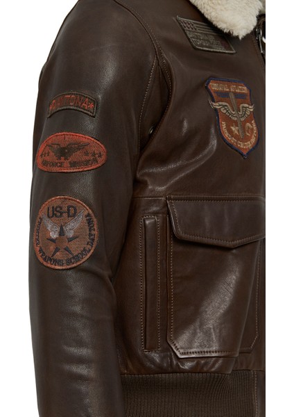 Top Gun Kadın Kahverengi Armalı Yakası Kürklü Deri Pilot Mont 22WGD5049L7
