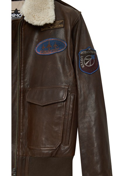 Top Gun Kadın Kahverengi Armalı Yakası Kürklü Deri Pilot Mont 22WGD5049L7