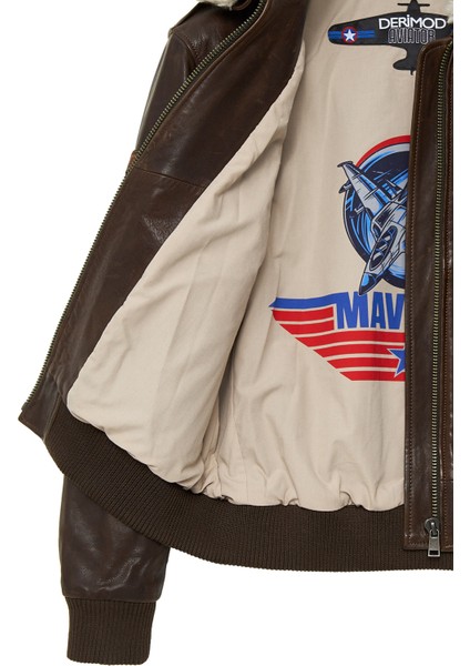 Top Gun Kadın Kahverengi Armalı Yakası Kürklü Deri Pilot Mont 22WGD5049L7
