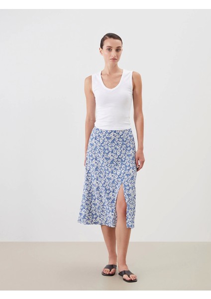 Lcwaıkıkı Classic Lacivert Beli Lastikli Çiçekli Yırtmaçlı Etek