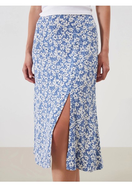 Lcwaıkıkı Classic Lacivert Beli Lastikli Çiçekli Yırtmaçlı Etek modelleri