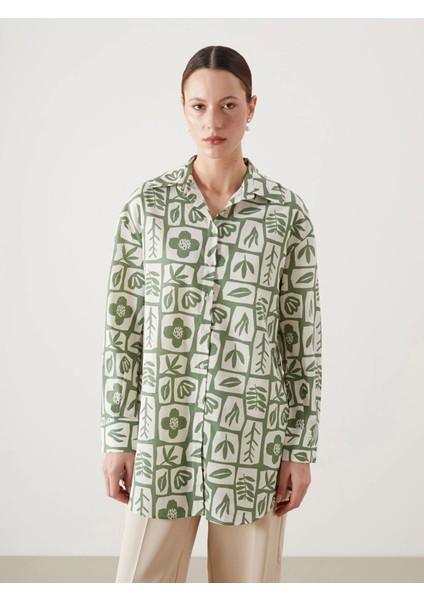 Lcw Modest Yeşil Desenli Oversize Kadın Gömlek Tunik