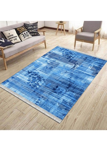 Mavi Çiçekli Halı Yıkanabilir Kilim Kaymaz Tabanlı Yolluk Dot Tabanlı Halı 2122A