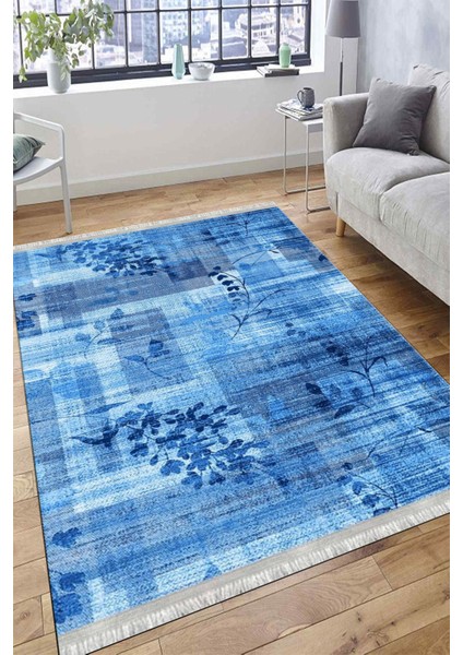 Mavi Çiçekli Halı Yıkanabilir Kilim Kaymaz Tabanlı Yolluk Dot Tabanlı Halı 2122A modelleri