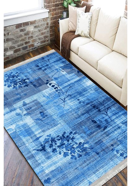 Mavi Çiçekli Halı Yıkanabilir Kilim Kaymaz Tabanlı Yolluk Dot Tabanlı Halı 2122A fırsatları