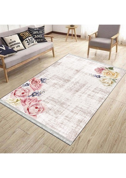 Floral Desenli Vintage Yıkanabilir Halı Kilim Kaymaz Tabanlı Yolluk Dot Tabanlı Halı 2180A