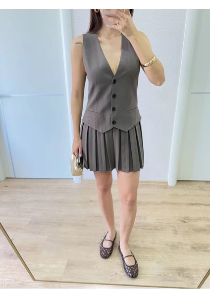 Keten Takım Görünümlü Düğme Detaylı Yelekli Mini Elbise modelleri