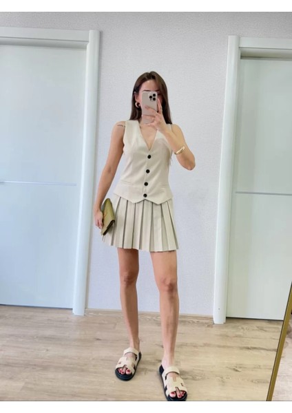 Keten Takım Görünümlü Düğme Detaylı Yelekli Mini Elbise fiyatları
