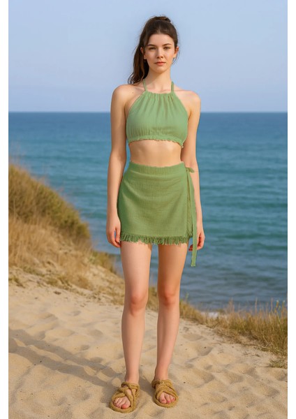 Müslin Yandan Bağlama Detaylı Püsküllü Şort Etek