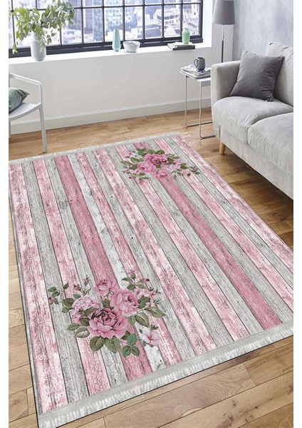 Pembe Floral Halı Yıkanabilir Kilim Kaymaz Tabanlı Yolluk Dot Tabanlı Halı 2066A modelleri