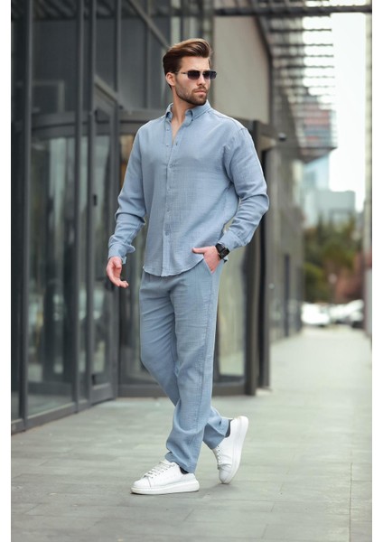 Mavi Gömlek Pantolon Erkek Ikili Takım E7322