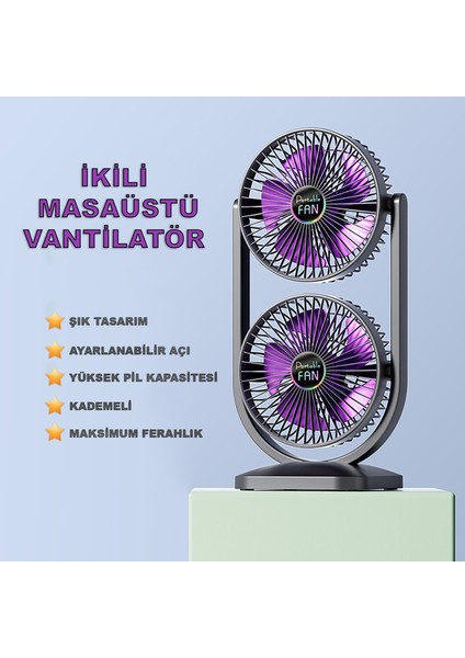İkili Fan Vantilatör Şarjlı Masaüstü Vantilatör Fan - Yüksek Pil Kapasitesi - Güçlü Fan Motoru - Ayarlanabilir Başlık - Maksimum Serinlik