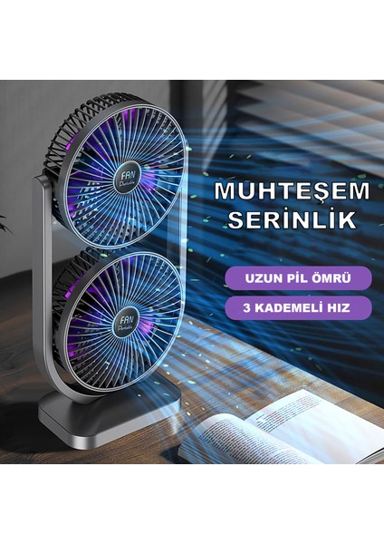 İkili Fan Vantilatör Şarjlı Masaüstü Vantilatör Fan - Yüksek Pil Kapasitesi - Güçlü Fan Motoru - Ayarlanabilir Başlık - Maksimum Serinlik