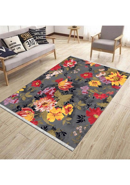 Kaymaz Tabanlı Halı Çiçek Desenli Yıkanabilir Halı Kilim Yolluk Dot Tabanlı Halı 2199A