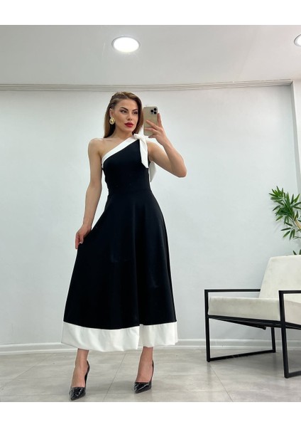 Kadın Tek Omuzu Açık Omuzlardan Kurdela Detaylı Çift Renkli Ithal Krep Elbise - 2xl-3xl - Siyah