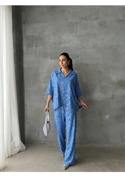 Varaklı Bluz Pantolon Takım - Mavi