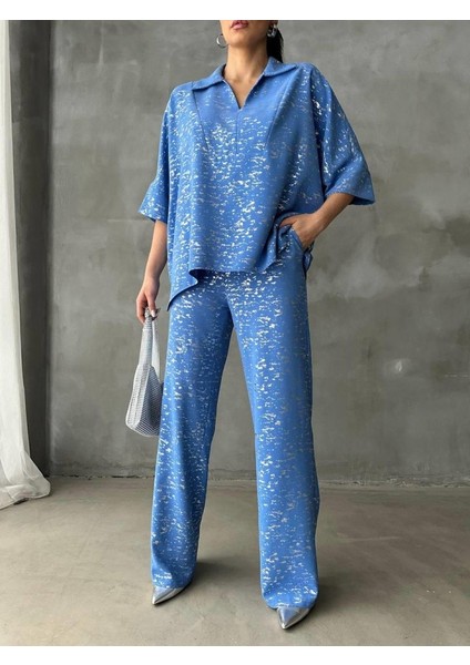 Varaklı Bluz Pantolon Takım - Mavi fiyatları