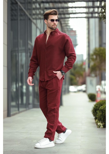 Bordo Gömlek Pantolon Erkek Ikili Takım E7322