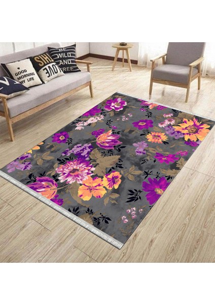 Kaymaz Tabanlı Halı Çiçek Desenli Yıkanabilir Halı Kilim Yolluk Dot Tabanlı Halı 2199B