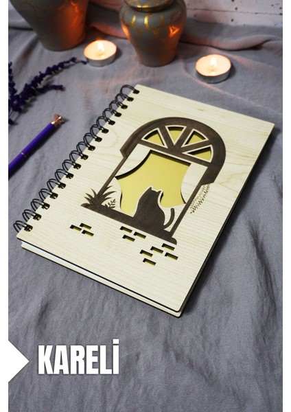 Kedi Desenli Ahşap Kapaklı Defter - Kareli Defter - Ajanda - Okul Defteri (A5 - 120 Sayfa)