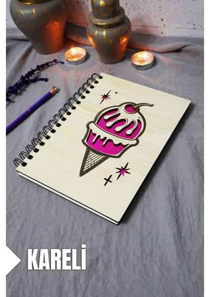 Dondurma Desenli Ahşap Kapaklı Defter - Kareli Defter - Ajanda - Okul Defteri (A5 - 120 Sayfa)