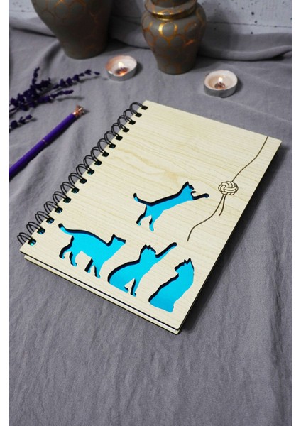 Kedi Desenli Ahşap Kapaklı Defter - Çizgisiz Defter - Günlük - Ajanda-Hediyelik-A5 Anı Defteri