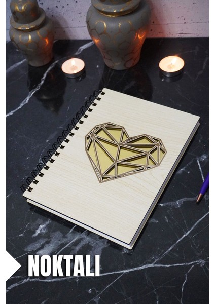 Kalp Temalı Ahşap Kapaklı Defter - Noktalı Defter - Ajanda - Okul Defteri (A5 - 120 Sayfa)
